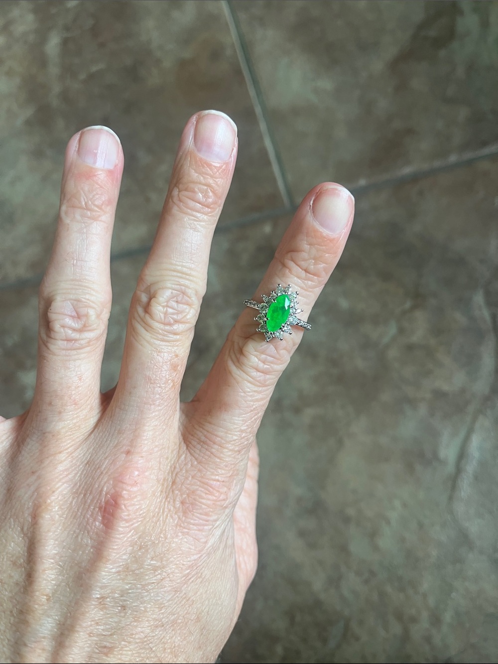 Silver Ring with Bright Green Marquise Center Gem